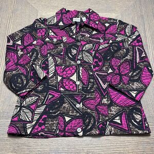 Chico's Jacket Womens Sz 3 XL‎ 16 Pink Black Butterfly 3/4 Sleeve Collar Casual